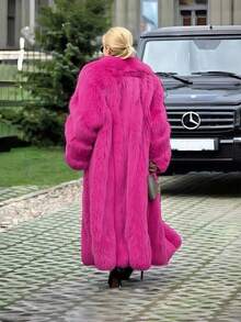 FHILLINUO Vibrant Pink Plus Size Long Faux Fur Coat With Waterfall Neckline And Fuzzy Texture Stylish Winter Outerwear - 玫紅色 - 查看 2