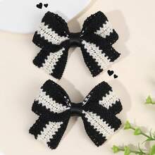 2pcs Black Hair Bows For Women Girls Beige Brown Crochet Bow Alligator Clips Elegant Bow Hair Clips Casual Stripes Bow Hairpins Fall Winter Bow Barrettes Women Hair Accessories, Claw Clips, Hair Slide - Black - View 1