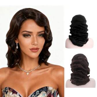 黑色棕色长款波浪卷假发，20年代盖茨比风格女式假发，1920年代复古手指波浪长卷合成假发，适合女性角色扮演、万圣节、圣诞节、新年派对等场合。
