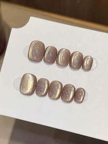 10 miếng dán móng tay hình oval ngắn thủ công, màu nâu, phong cách tối giản Y2K, họa tiết mắt mèo lấp lánh, phù hợp cho nữ và bé gái, dùng cho mùa xuân, hè, thu, đông, các dịp lễ và sử dụng hàng ngày. Móng tay giả thủ công. - Cà phê nâu - Xem 9