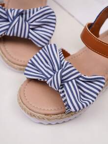 1 Pair Cute Bow Striped Thick-Sole Breathable Linen Rope Children's Durable Sandals For Girls - Blue and White - View 5