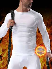 Men's Pure Black Long-Sleeved Thermal Underwear Top, Round Neck Style, Highly Elastic, Quick-Drying And Breathable, Fashionable And Slim With Sports Attributes, Can Be Used As Fitness Clothes, Running Training Clothes, Cycling Clothes, Winter Style Suitable For Outdoor Skiing In Cold Weather, Suitable For Keeping Warm In Autumn And Winter - 白色 - 查看 3