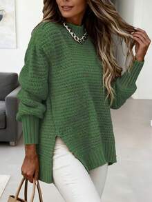 Série de Malha Casual Urbana Verde-Lima Plus Size, Suéter Folgado, Roupa Casual Confortável e Versátil para Outono/Inverno, Design Minimalista para Casa e Transporte, Coleção de Malha Feminina, Lançamento Novo 2026 - Verde - Visão 4