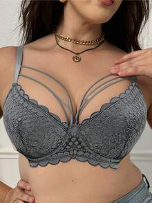 MIMILEMON Plus Size Grey Lace Underwire Bra With Lift Support - Grey - View 2