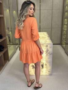 Women's Striped Midi Dress With Shirt Collar And Bishop Sleeves, Casual, With Buttons, Asymmetrical Hem, Summer And Beach. - 橘色 - 查看 2