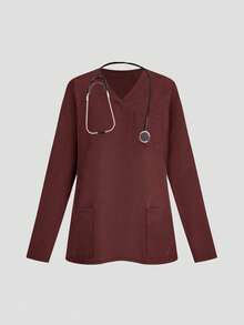 Solid Color Long Sleeve V-Neck Multi-Pocket Uniform Set, Fashionable Commuting Workwear For Nurses, Nannies, Dental/Beauty Clinics, 2-Piece Set - Coffee Brown - View 3