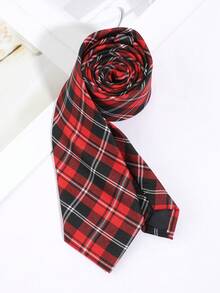 1pc Men's Red Plaid Striped Textured Pattern Necktie, Suitable For School, Festivals, Dates, Weddings, Hosting, And Daily Wear - Red - View 3