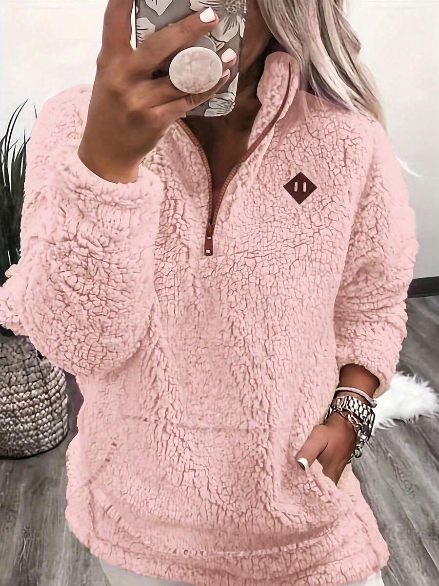 口袋套头卫衣，休闲长袖秋冬女装，泰迪羊羔绒套头衫，半拉链抓绒卫衣，2025新款秋季女装，秋冬卫衣 - 粉色 - 查看 1