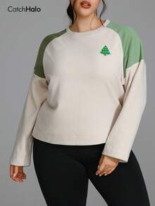 1pc Plus Size Fleece Sweatshirt Beige Colorblock Christmas Top Tree Embroidery Slim Fit Sports Pullover - Apricot - View 2