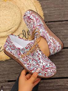 Women's Casual Floral Printed Moccasins, Soft Bottom Non-Slip Lace-Up Loafers, Versatile Outdoor Fashion Flats, Spring/Autumn - Pink - View 1