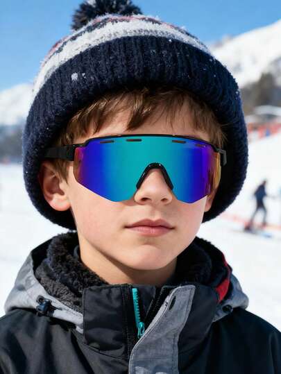 1副男女童（6-12岁）半框彩色一体式运动眼镜，适合户外骑行、滑雪，也可作为节日礼物。