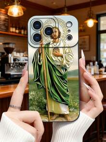 1 pieza Funda de teléfono con diseño de santo con bastón y hostia, estilo religioso tradicional ideal para celebraciones culturales, moda urbana creativa, protección elevada para lente con diseño de ojo, resistente a golpes, compatible con iPhone17 ProMax/16/15/14/13/12/11/Plus/Pro/ProMax, compatible con Galaxy A34/A35/A54/A55, Galaxy S20/S21/S22/S23/S24/S25 Ultra/Plus, compatible con Galaxy/Redmi/Honor/OPPO/ViVo - Negro - Ver 2