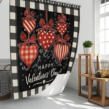 1件/4件套情人节装饰浴帘套装，心形格子蝴蝶结浪漫红黑白浴帘和地垫，可水洗浴室淋浴家居装饰，带12个挂钩、防滑浴垫和U型马桶座套 - 彩色 - 查看 4