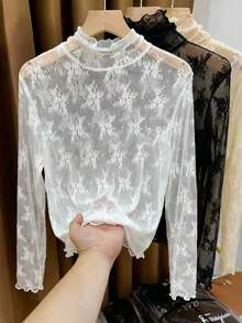 Selcouth 大码女式纯色花卉刺绣荷叶边下摆薄纱长袖T恤，百搭蕾丝休闲上衣，适合通勤，秋冬季 - 白色 - 查看 2