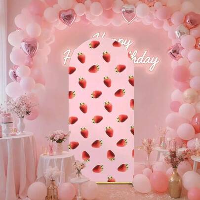 1件草莓主题拱门背景布，精美草莓拱门背景布，适用于生日派对、婚礼庆典、摄影工作室