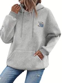 Áo hoodie cỡ lớn in hình mèo dễ thương và denim, phong cách ngọt ngào pha chút trẻ trung, thoải mái. - Màu Xám nhạt - Xem 6
