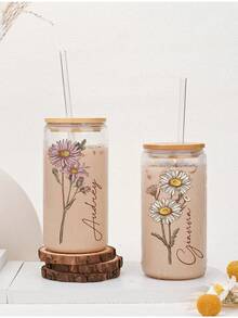Personalized Birth Flower Cup, Custom Birth Flower Coffee Cup With Name, Custom Glass Coffee Cup, Personalized Iced Coffee Cup,Glass Can Soda Cup With Lid And Straw,Bridesmaid Gift Idea Easy To Clean, Exquisite,High-Quality Custom,Personalized,Unique Ideal Gifts For Her Her,Boyfriend,Girlfriend,Dad,Mom,Family,Friends