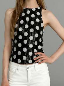 Women Tank Tops Sleeveless Crew Neck Dot Sequin Decor Summer Going Out Vest Shirts - 黑色 - 查看 2