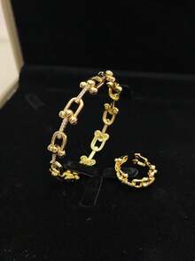 1 Set Stainless Steel Fashion Minimalist Horseshoe Clasp Jewelry Set, Stylish Chic Design For Everyday, Parties & Gatherings - Horseshoe Buckle Bracelet + Ring - View 1