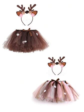 Disfraz de hada de Navidad - Vestido con decoración de pompones hecho a mano con diadema con astas de reno y aplicaciones de copos de nieve - Un disfraz casual de hada de tejido de poliéster adecuado para celebraciones navideñas y bailes de graduación