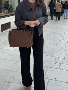 Women's Fashionable Simple And Versatile Commuting Zipper Woolen Coat Tops - Dark Grey - View 2