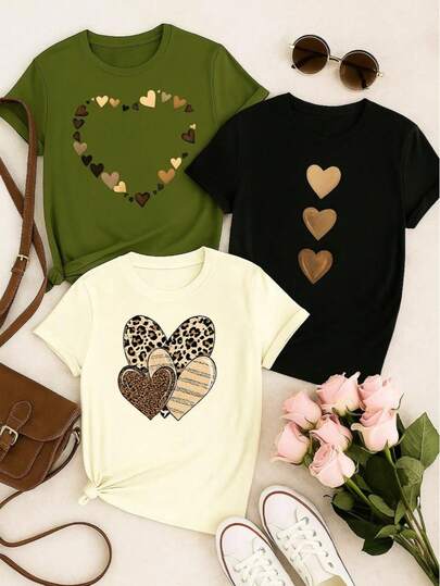 Kit 3 Blusas Femininas 100% Algodão Estampadas – Girassol, Margarida e Corações Moda Casual P M G GG