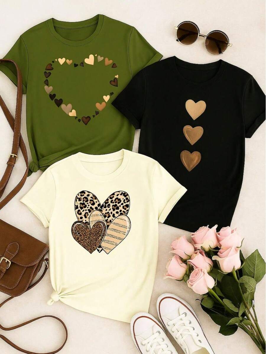 Kit 3 Blusas Femininas 100% Algodão Estampadas – Girassol, Margarida e Corações Moda Casual P M G GG - SORTIDAS - Visão 1