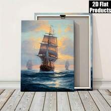 Pintura al óleo de velero náutico - Pintura decorativa con tema oceánico seleccionado, enmarcada con lienzo circundante, presentando un estilo náutico clásico de velero, adecuada para dormitorio, oficina y otros espacios - Pintura decorativa de paisaje marino vintage - transparente - Ver 4