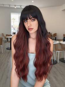 长款波浪卷发合成假发，黑棕渐变色 - 自然逼真，耐热纤维，适合日常佩戴和派对场合 - 彩色 - 查看 3