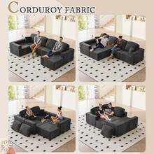 Devoko 126" U-Shape Sofa Bed With Deep Seat, Boneless Cloud Sofa With Pillows, High-Resilience Foam Corduroy  Sofa Chair For Living Room, Black - 黑色 - 查看 2