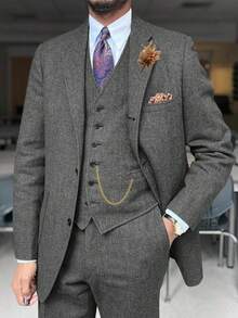 Mens Wool Suits Grey 3 Pieces Herringbone Tweed Suit Vintage Retro Slim Fit Smart Formal Classic Tuxedos Business Commuting - 灰色 - 查看 1