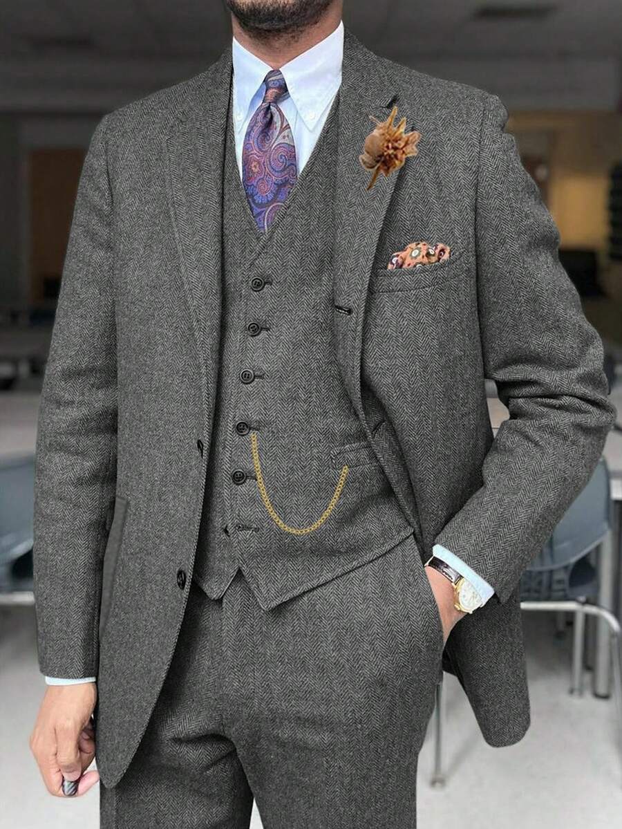 Mens Wool Suits Grey 3 Pieces Herringbone Tweed Suit Vintage Retro Slim Fit Smart Formal Classic Tuxedos Business Commuting - 灰色 - 查看 1