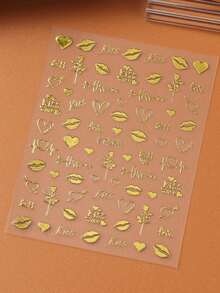 FULL BEAUTY 2片复古青铜心形美甲贴纸，涂鸦爱心，唇吻，心跳，玫瑰，浪漫婚礼美甲贴花 - 彩色 - 查看 9