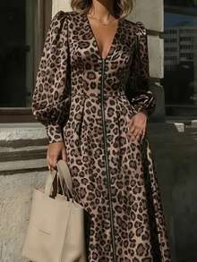 Casual Women's Midi Leopard Print Dress, Deep V-Neck, Long Sleeve, Zipper Detail, A-Line Flared Woven Fabric