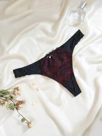 Sexy Women's Lace Contrast Color Low Waist Comfortable Seamless Panties With Bow Tie Thong