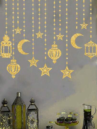 1/6/12 st stjärnor, måne och lyktor hängande dekorationer för matsal, vardagsrum, sovrum vägghängande dekorationer, guldfärgade hängande bakgrundsdekorationer, heminredning, festdekorationer
