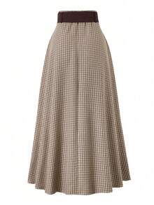 EARO Elegant Plus Size Plaid Pleated Midi Skirt, Non-Stretch, Long Design, With Belt, Fashionable For Women In Autumn Spring - Cà phê mơ - Xem 2