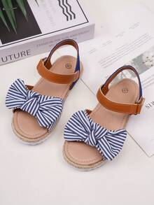 1 Pair Cute Bow Striped Thick-Sole Breathable Linen Rope Children's Durable Sandals For Girls - Blue and White - View 1