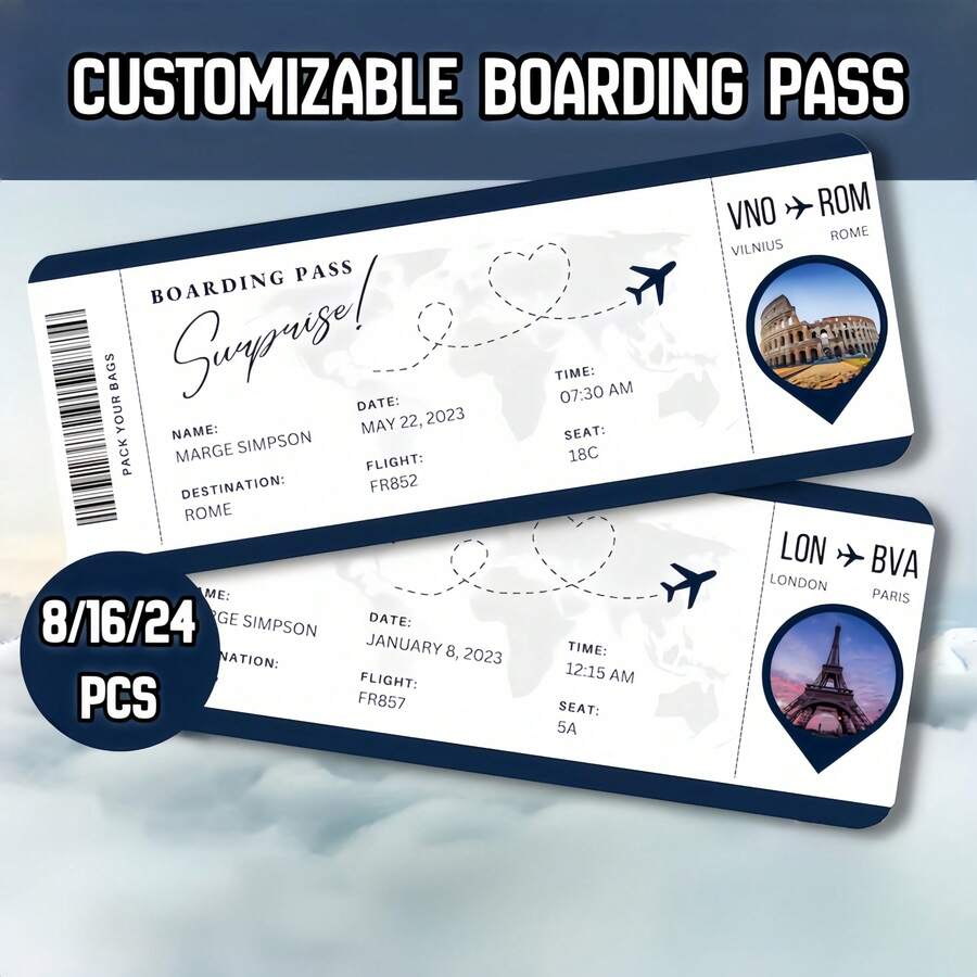 8/16/24pcs Customized Boarding Pass - Add Text & Photos, Full-Color Printing, Realistic Ticket Design, Travel Surprise Gift & Reveal Card - Multicolor 1 - View 1