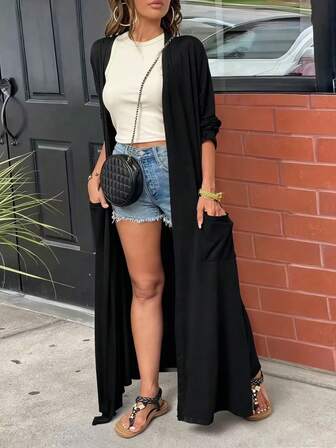 EARO Plus Size Women Casual Solid Color Dual Pocket Long Lightweight Open Front Jacket, Comfortable Daily Versatile Windbreaker Coat, Spring/Autumn