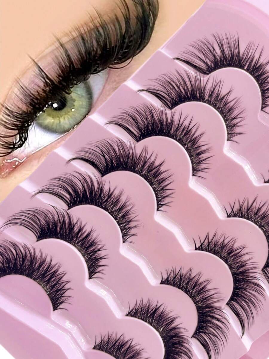 7对自然猫眼假睫毛，狐狸眼假睫毛，整条透明带柔软蓬松交叉纤细浓密仿貂毛假睫毛，适合日常和派对妆容 - 持久自然的睫毛嫁接 - 濃密款 - 查看 1