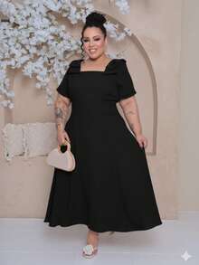 Women's Plus Size Midi Dress With Lined Square Neckline, Short Sleeves, Shoulder Tie, Padded Cups And Elastic Back In Duna Linen - Elegant Fashion Party Dress - 黑色 - 查看 5