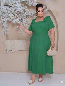 Women's Plus Size Midi Dress With Lined Square Neckline, Short Sleeves, Shoulder Tie, Padded Cups And Elastic Back In Duna Linen - Elegant Fashion Party Dress - 綠旗 - 查看 2