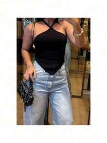 Cropped Ribbed Modal Women's Plain Halter Summer Tie Neck Knit Moura Tricot - Negro - Ver 1