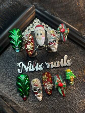 10pcs/Set Press On NailsAlmond Nail Tips,Christmas Nail Charms Christmas Themed DesignsIncluding Red&Green Cat Eyes Hand Drawn Santa Claus&Hand Carved Christmas Tree 3D Snowflake&Bow Design Acrylic Press On Nails Y2K Style, HotGirl Style, Luxury And Purely HandcraftedNails, Elegant And Sophisticated, Suitable For New Year And Christmas Use, SuitableFor Ladies And Girls.(With: A Piece Of JellyGlue And A Friction Strip) Nail SuppliesNails