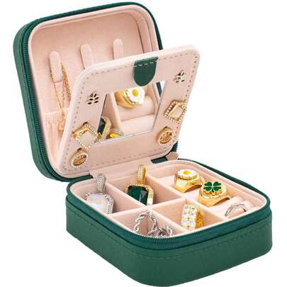 1pc Portable Mini Jewelry Storage Box, Travel Organizer Jewelry Box, Leather Jewelry Holder For Earrings, Necklaces, Rings With Mirror, Compact On-The-Go Case, Premium Leather Finish, Secure Secure-Latch, Lightweight Weekend Accessory, Soft Padded Compartments For Delicate Pieces, Elegant Gift For Daily Styling, Keeps Accessories Neat, Accessible, And Ready To Shine
