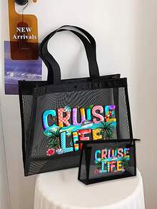 1/2 Cruise Life 图案字母印花网眼手提袋，可作洗漱包，大容量手提包，送给女孩的礼物，母亲节礼物，可折叠轻便，适合个人旅行化妆品收纳，易于清洁，旅行必备，生日礼物，教师节礼物，情人节礼物，圣诞节礼物，感恩节礼物 - 彩色 - 查看 4