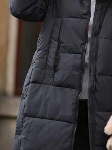 女款落肩長版連帽抽繩加厚外套，膝長保暖棉襖，適合秋冬寒冷天氣 - 灰色 - 查看 5