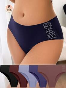 5Pcs Women Seamless Underwear Women's Mid-Rise Briefs Soft & Comfortable Athletic Underwear With Stylish "SPORT" Letter Print