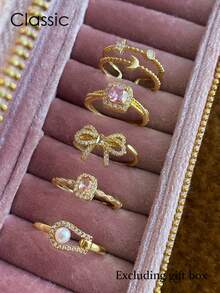 5pcs Elegant, Delicate, Gentle Geometric Bow, Star, Moon Faux Pearl Zirconia Inlaid Copper Ring Set, Unique Niche High-End, Suitable For Daily Commute, Events, Parties, Holidays, Fashion Gift - Yellow Gold - View 2